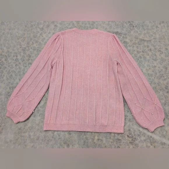 Cozy Pink Pearl Puff Sleeve Sweater | Winter Outfit Holiday Party Chic – Size M - Picture 8 of 16